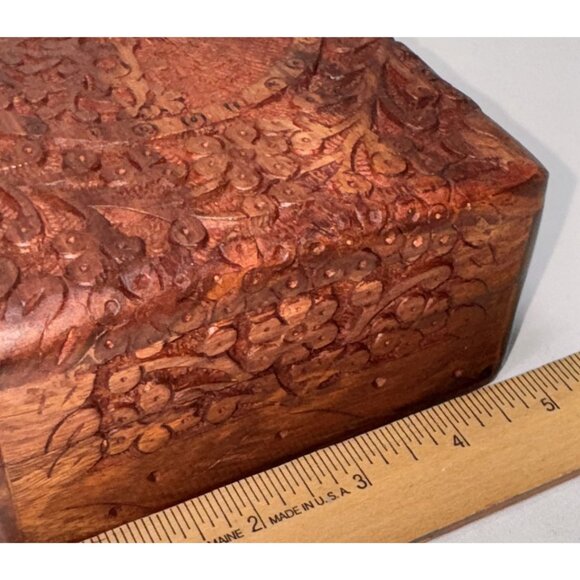vintage hand carved hinged velvet lined Handcrafted Wooden Tree Life Jewelry Box - Picture 10 of 14